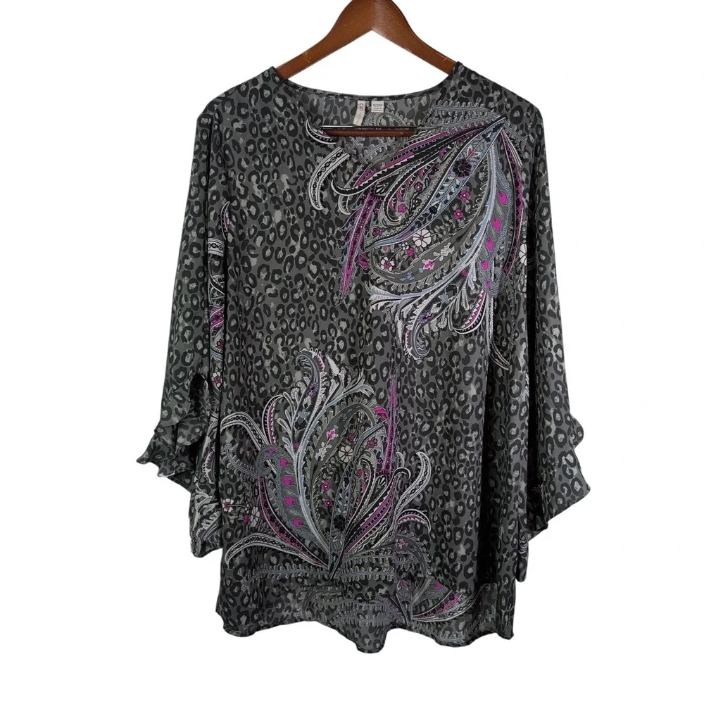 Cato 18/20W Black Purple Paisley & Cheetah print Pullover Blouse Ruffled Sleeves